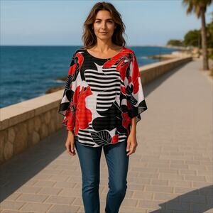 Alfred Dunner Women's Floral Overlay Striped Top Size 18